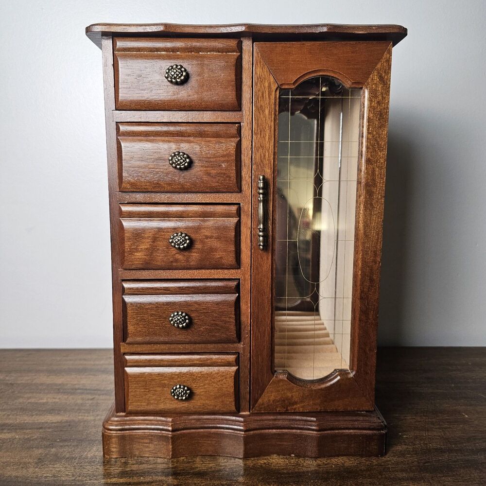 Vintage Wooden Jewelry Armoire 5 Drawer Mirrored Glass Door Jewelry Organizer
